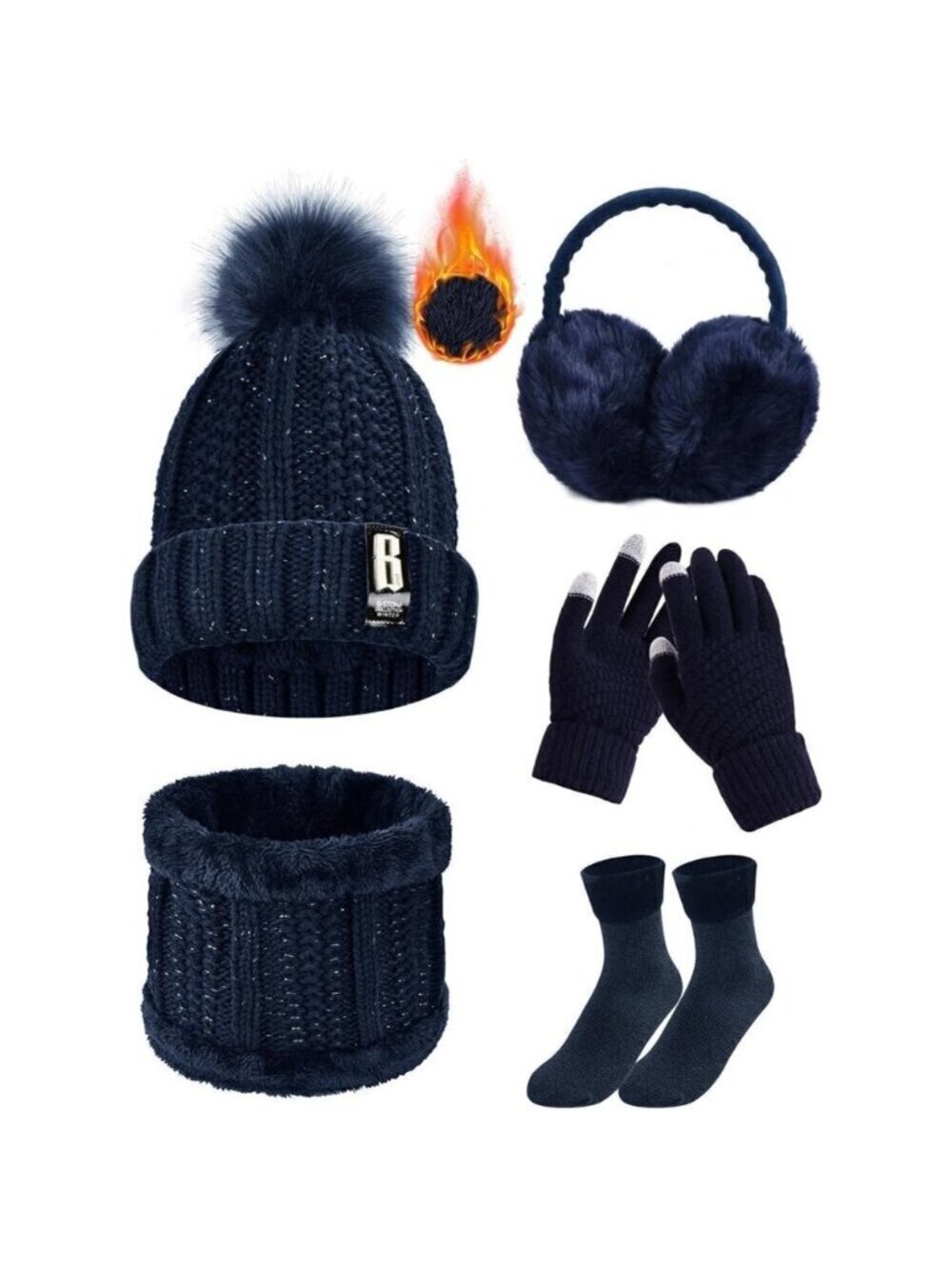 Winter Knitted Set Blue Women and Girls Hat Scarf Gloves Earmuffs Socks Warmer
